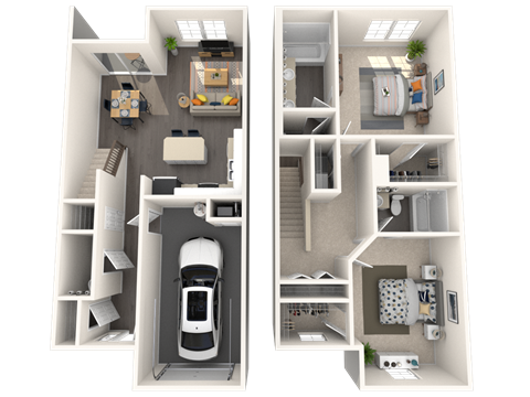 Floor plan for 2 beds, 2.5 baths, 1277 sqft